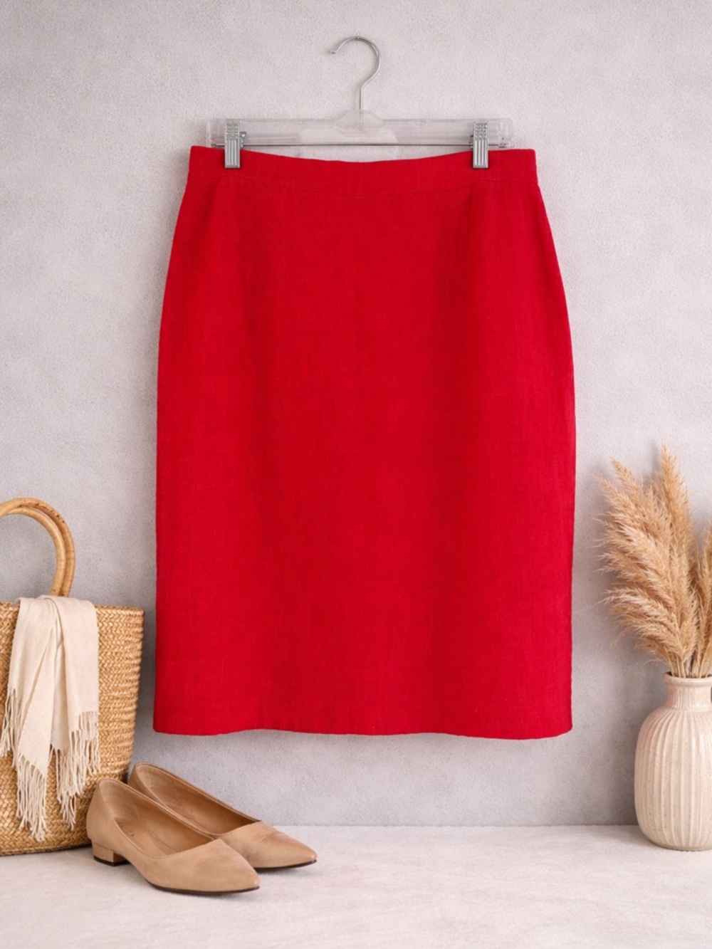 Vintage Barisal Red Linen Pencil Skirt Women’s Size 42 High Waist Midi Classic